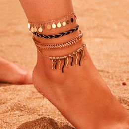 Anklets Gold Dangling Tassel Anklet For Women Accessories Multi Layer Boho Foot Chain Jewellery Chaine De Cheville 9036