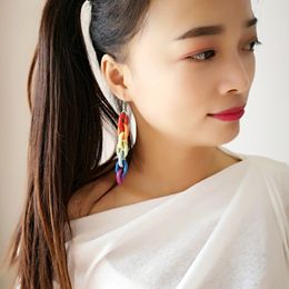 Exaggerated earrings rainbow acrylic plastic chain colorful earrings female long temperament fun funny bundi ear clips