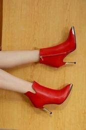 Hot Sale-Fashion high-end women's booties Fabric imported high-grade leather Toe metal piece Sheepskin lining foot Height 9cm red