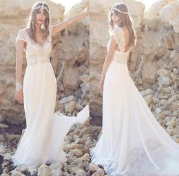Bohemian Beach Wedding Dresse Bridal Gowns Chiffon Bling Beaded Crystal Cap Sleeve Boho Ivory Lace Wedding Dress Vestido De Novia