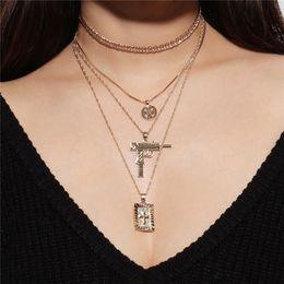 Punk Multi Layers Flower Cross Gun Choker Necklace Women Gold Silver Colour Metal Chain Boho Jewellery Party Summer Gifts drop ship