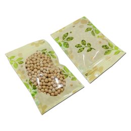 100Pcs Resealable Plastic Green Leaves Zip Lock Package Bag Heat Seal Tea Nuts Beans Storage Zipper Pouch with Clear Window