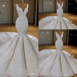 New Cheap African Mermaid Wedding Dresses V Neck Lace Appliques Crystal Beaded Sleeveless Chapel Train Plus Size Formal Bridal Gowns 403