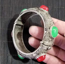 Folk Craft Miao & Tibetan Silver Inlaid Jade Bracelet by Antique Plated Jewels: Silver Copper, Precious Gems, Handcrafted Design - Elegant & Cultural Accessory for Women