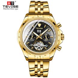 Luxury Brand watch TEVISE Gold Black Stailness steel Automatic Men Watch Men Multifunction Waterproof Clock Relogio Masculino278q