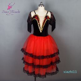 Fashion-19023 Dance Favourite New Ballet Tutu Black Velvet Bodice with Red Tulle Ballet Costume Women Spanish Tutu