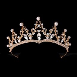 Hoja joyería de perlas de cristal de lujo corona de oro accesorios nupciales del pelo de la boda del Rhinestone de la corona de la tiara del pelo Hairband Novias
