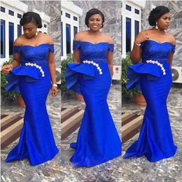 Royal Blue Plus Size Prom Dresses Eao Ebi Style Ruched Satin Mermaid Evening Gowns African Floor Length Formal Party Dress Custom Made