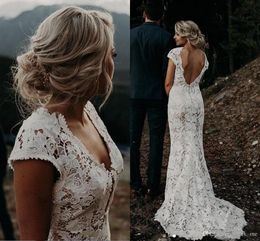 Full New Lace Wedding Dress A Line Cap Sleeves Deep V Neck Backless Dresses Sexy Back Beach Bridal Gowns Vestidos Summer Wear es estidos