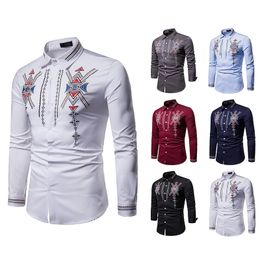 Men Blouse Long Sleeve White Royal Style Turn Down Collar Embroidered Luxury Printed Design Formal Business Dress Shirt Wedding 5 Colours