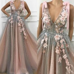 New Arrival Bling Sexy Prom Dresses Deep V Neck 3D Appliques Sequins Sleeveless Tulle Long Party Dress Pageant Formal Evening Gowns 403