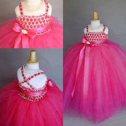 ball gown flower girls dresses beading spaghetti hand made flower dress puffy kids birthday party wear