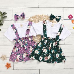 Toddler Baby Girl Summer Clothes Short Sleeve Solid White T shirt Tops + Floral Suspender Skirt + Headband 3pcs/set Casual Outfit M2059