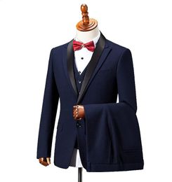 Dark Blue Mens Suits 2019 Black Notched Lapel Back Vent Slim Fit Best Men Tuxedos Mens Prom Tuxedos Suits 3 Pieces (Jacket+Pants+Vest+Bow)