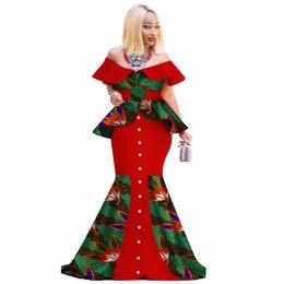 Fashion Slash Neck African Dresses for Women African Print Patchwork Falbala Dress Lady Off Shoulder Evening Party Dress WY3096