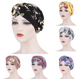 Female Floral Print Head Wrap Cap Casual Hats Women Floral Braid India Hat Muslim Ruffle Cancer Chemo Beanie Turban Wrap Cap