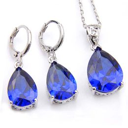 LuckyShine 5 Sets Dark Blue Party Dress Jewellery Drop Blue Topaz Pendants &Earrings 925 Silver Necklaces Wedding Jewelry Sets