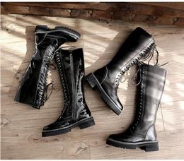 Hot Sale-Long Boots for women Flat heel Lace up Fall Winter Women's Motorcycle Booties Punk Style