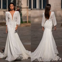 White Mermaid Millanova Wedding Dresses Long Sleeve V Neck Tulle Lace Applique Sequins Pearls Wedding Gowns Sweep Train robe de mariée