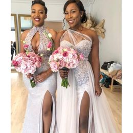 Two Styles Nigeria African Mermaid Bridesmaid Dresses Plus Size Beads Applique Maid Of The Honour Side Slit Wedding Guest Dress