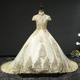 Gold Applique Beaded Crystal Little Girls Pageant Dresses With Train High Neck Lace-up Flower Girl Dress Special Occasion Dress For Kids