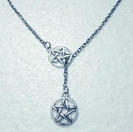 New Wicca Pagan Jewelry Gift Vintage Silver Double Pentagram Star Wiccan Pentacle Cross Lariat Pendant Adjustable Necklace 865