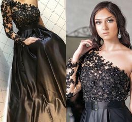 Black Embroidery Crystals Beaded Dresses Evening Wear 2020 One Shoulder Sheer Long Sleeve Sashes South African Prom Dress Party Cocktail