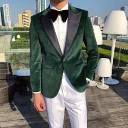 One Button Dark Green Velvet Groom Tuxedos Peak Lapel Men Suits 2 pieces Wedding/Prom/Dinner Blazer (Jacket+Pants+Tie) W802