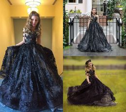 Black Long Sleeves Flower Girl Dresses A Line Lace Appliqued Custom Luxury Girls Pageant Dress Kids Formal Gowns Birthday Party Wear