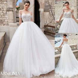 Newest Tmarmonia Ball Gown Wedding Dresses Off Shoulder Short Sleeve Tulle Lace Applique Pears Wedding Gowns Floor Length robe de mariée