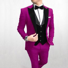 Popular One Button Fuchsia Groom Tuxedos Peak Lapel Groomsmen Mens Suits Wedding/Prom/Dinner Blazer (Jacket+Pants+Vest+Tie) K288