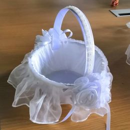 White Wedding Flower Basket With Elegant Satin Round And Pink Rose Girl Baskets Favors Decor H5634