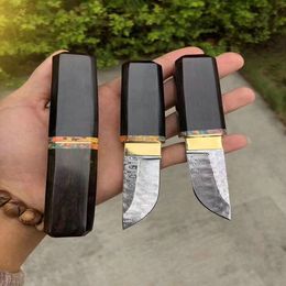 High End Small VG10 Damascus Steel Drop Point Blade Ebony Handle Mini Collectalble Knife Gift Knives With Wood Sheath