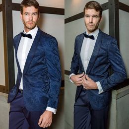 Blue Floral Pattern Groom Wedding Tuxedos Shawl Lapel Groomsmen Mens Suits Excellent Man Jacket Blazer 2 Piece(Jacket+Pants)