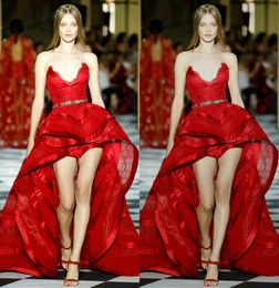 Zuhairmurad Customized Red A Line Evening Strapless Sleeveless Formal Dress Tulle Satin Applique Sashes Hi Lo Party Bridesmaid Gown