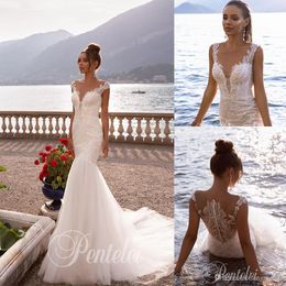 Covered Button Mermaid Wedding Dresses Jewel Neck Capped Sequins Appliques Lace Wedding Dress Sweep Train Bridal Gown