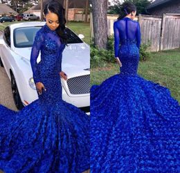 Luxuriously Royal Blue Black Girls Mermaid Prom Dresses High Neck Long Sleeves Beaded Handmade Flowers Evening Party Gowns
