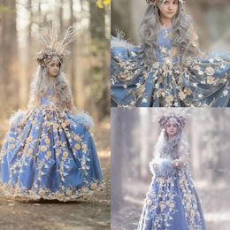 Blue Girls Pageant Dresses Jewel Neck 3D Floral Appliqued Princess Kids Formal Wear Feather Long Sleeve Party Birthday Gowns