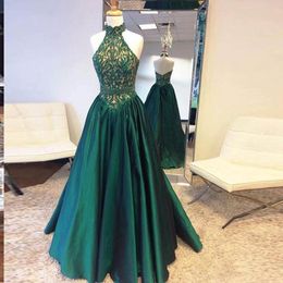 High Neck Dark Green Prom Dresses Lace Top And Satin Lower A-Line Long Evening Gowns Zipper Backless Ruffle Formal Party Dress