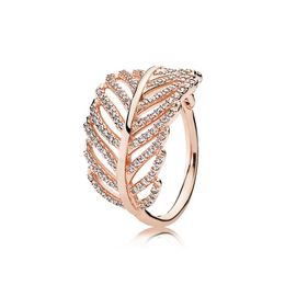 18K Rose gold Feather RING LOGO Original Box for Pandora 925 Silver Engagement Jewelry CZ Diamond Crystal Rings for Women Girls
