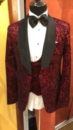 New Novel Design One Button Red Pattern Wedding Groom Tuxedos Shawl Lapel Groomsmen Men Suits Prom Blazer (Jacket+Pants+Vest+Tie) 351