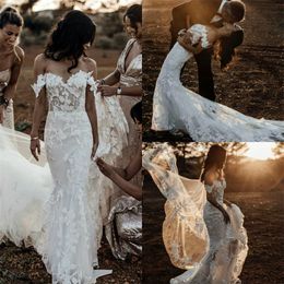 Sexy Mermaid Wedding Dresses Off-shoulder Sleeveless Full 3D-Floral Appliqued Lace Boho Bridal Dress Backless Court Train Robes De Mariée