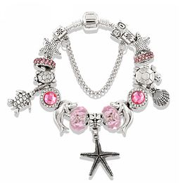 Pandora Design Charm Bracelets Vintage Silver Jewellery for Women Pink Blue Ocean Series Starfish Turtle Animal Diamond Crystal Beads Bangles