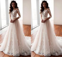 Unique Neckline Long Sleeve 2020 Berta Wedding Dresses Empire Waist 3D Floral Applique Lace Princess Beach Boho Wedding Dress Bridal Gowns