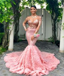 2022 Pink Mermaid Prom Dresses Sheer Top With Appliques Illusion Long Sleeves Rose Ruched Sweep Train Formal Pageant Evening Party Wear Gown