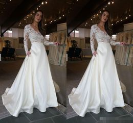 2019 Vintage Ivory Satin A Line Wedding Dresses Long Sleeves Sexy Deep V Neck Lace Applique Sweep Train Custom Made Wedding Bridal Gowns