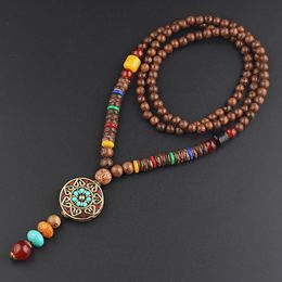 Handmade Buddhist Wood Beads Round Pendant & Necklace Long Ethnic Necklace Nepal Jewellery Women Men Accessories