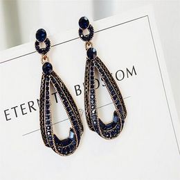 Exaggerated Blue Crystal Lace Golden Metal Chain Dangle Earrings Women Personality Statement Drop Earrings Christmas Gift GB370