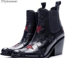 Slip On Red Star Patchwork Ankle Boots Women High Chunky Heel Short Boots Real Leather 34~42EU Female Botas