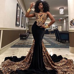 2K20 Gold Sequined Mermaid Prom Dresses V Neck South African Black Girls Evening Gowns Plus Size Special Occasion Dress Abendkleider